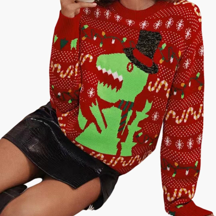 Damen Weihnachtspullover mit Rundhals und Dino Motiv