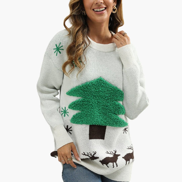 Damen Weihnachtspullover mit Rundhals und Flockdesign