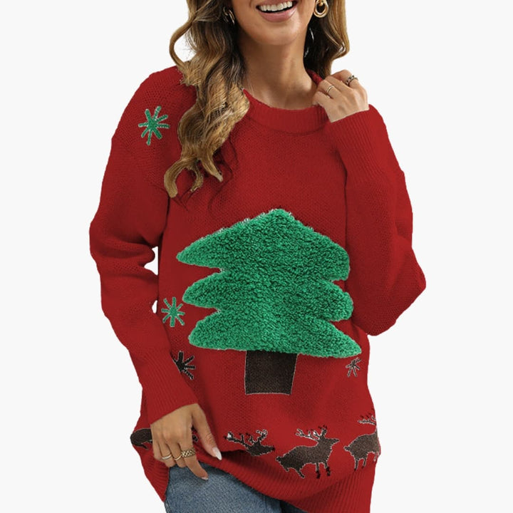 Damen Weihnachtspullover mit Rundhals und Flockdesign