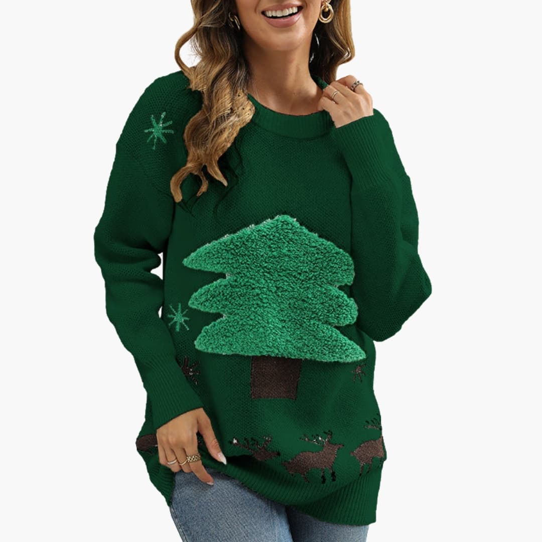 Damen Weihnachtspullover mit Rundhals und Flockdesign