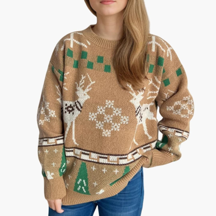 Damen Weihnachtspullover mit Rundhals und Oversize Schnitt