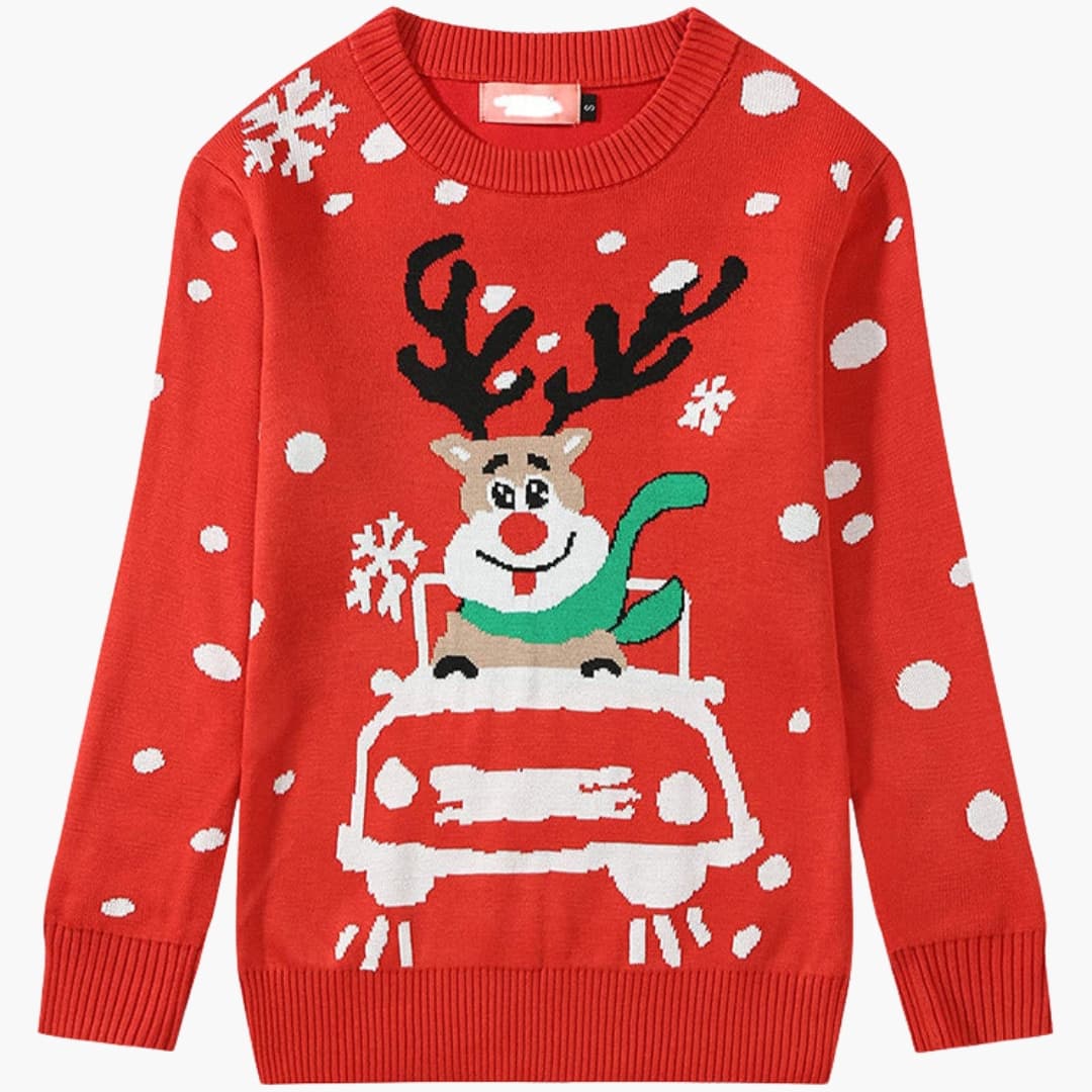 Damen Weihnachtspullover mit Rundhals und Rentiermotiv