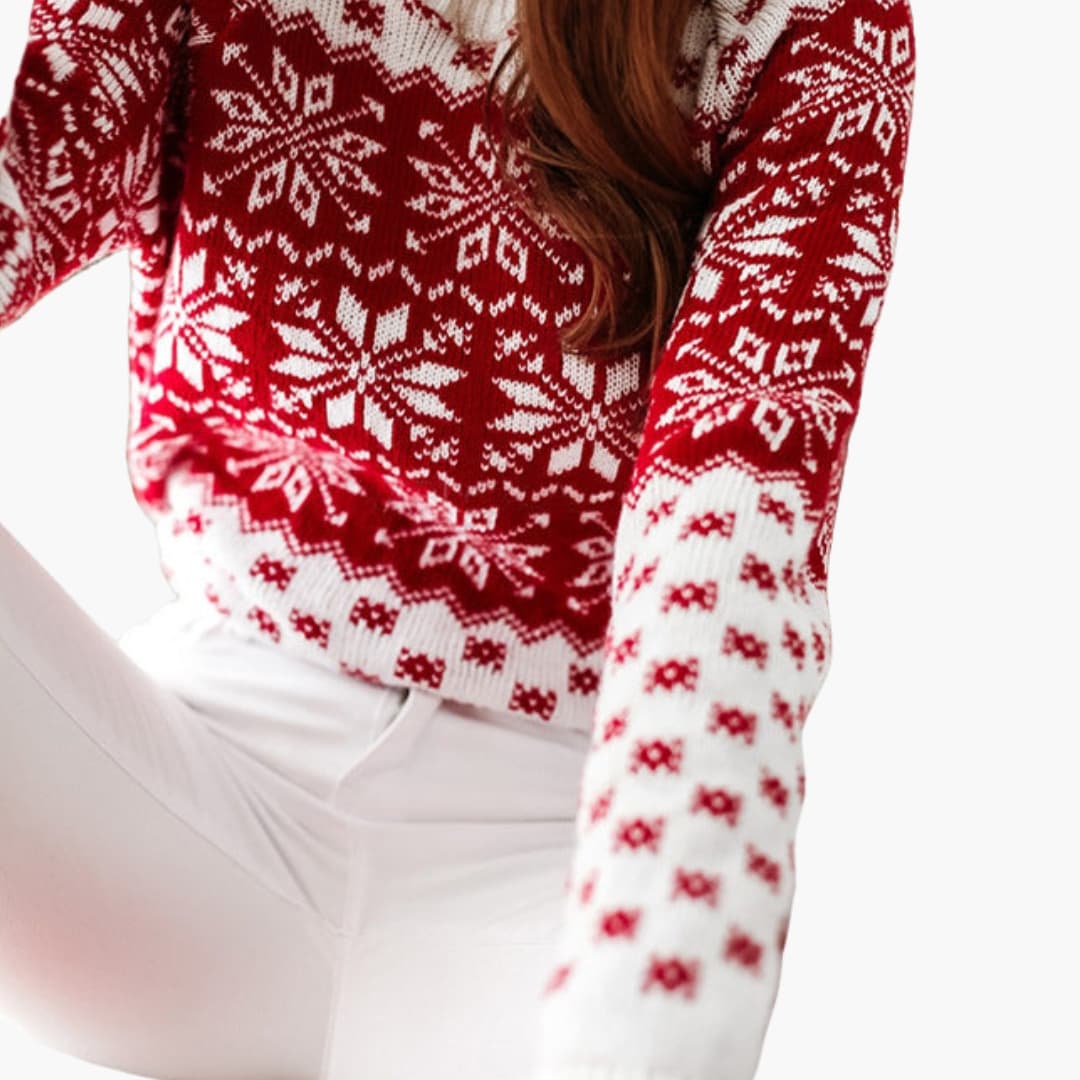 Damen Weihnachtspullover mit Rundhals und Schneeflockenmuster
