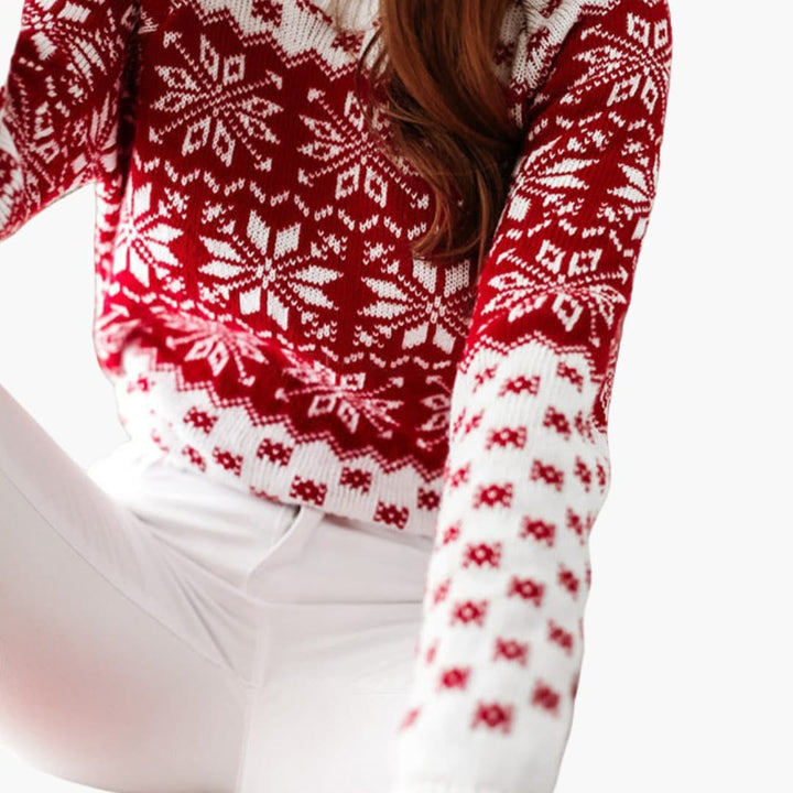 Damen Weihnachtspullover mit Rundhals und Schneeflockenmuster