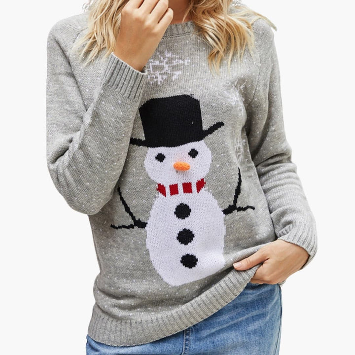 Damen Weihnachtspullover mit Rundhals und Schneemannmotiv