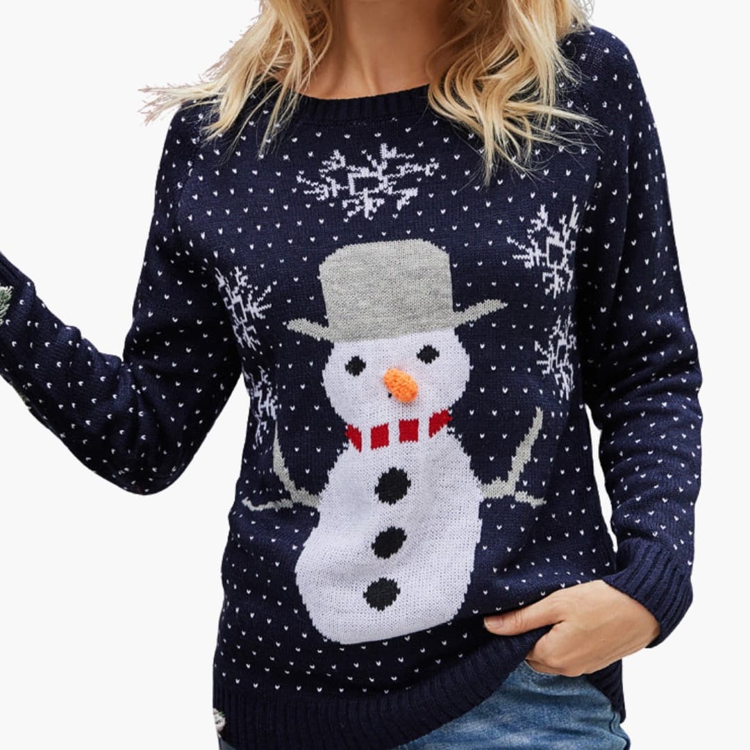 Damen Weihnachtspullover mit Rundhals und Schneemannmotiv