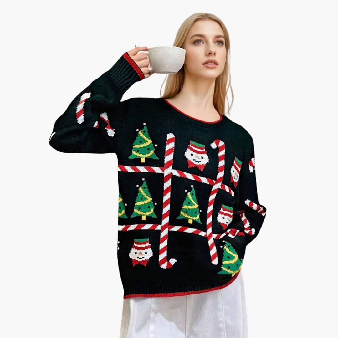 Damen Weihnachtspullover mit Rundhals und Weihnachtsmotiv