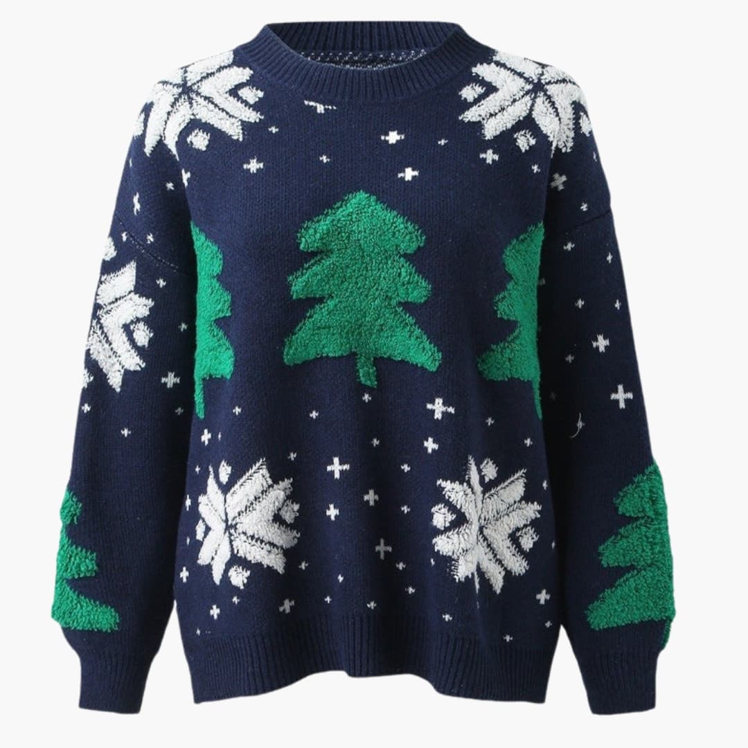 Damen Weihnachtspullover mit Rundhals und Wintermotiv
