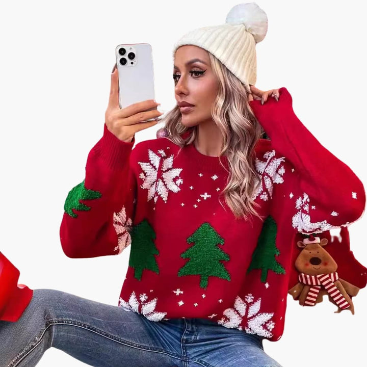 Damen Weihnachtspullover mit Rundhals und Wintermotiv