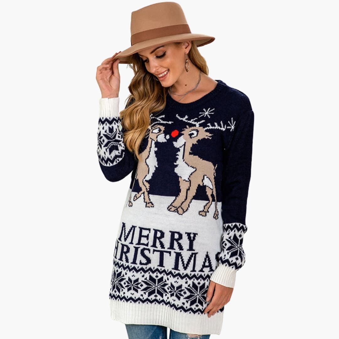 Damen Weihnachtspullover mit Rundhals und Zopfmuster