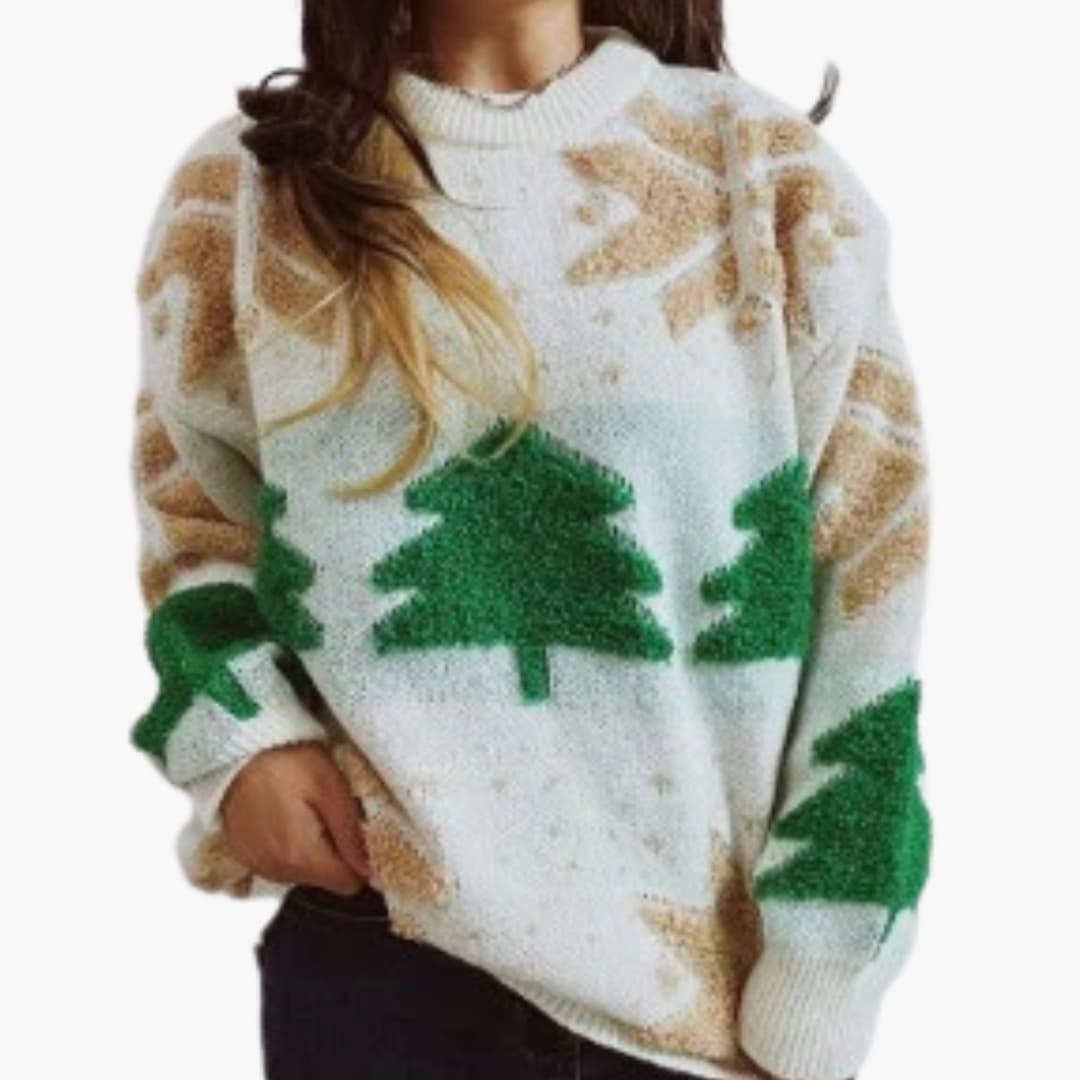 Damen Weihnachtspullover mit Strickmuster und Voluminösen Ärmeln
