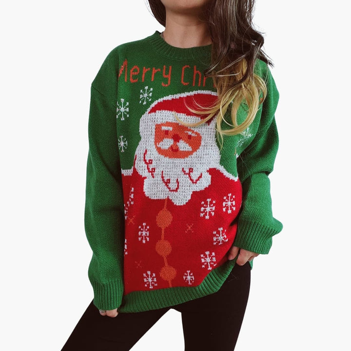 Damen Weihnachtspullover mit Weihnachtsmannmotiv und Schneeflockenmuster
