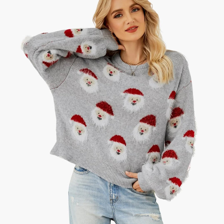 Damen Weihnachtspullover mit gestricktem Weihnachtsmannmotiv