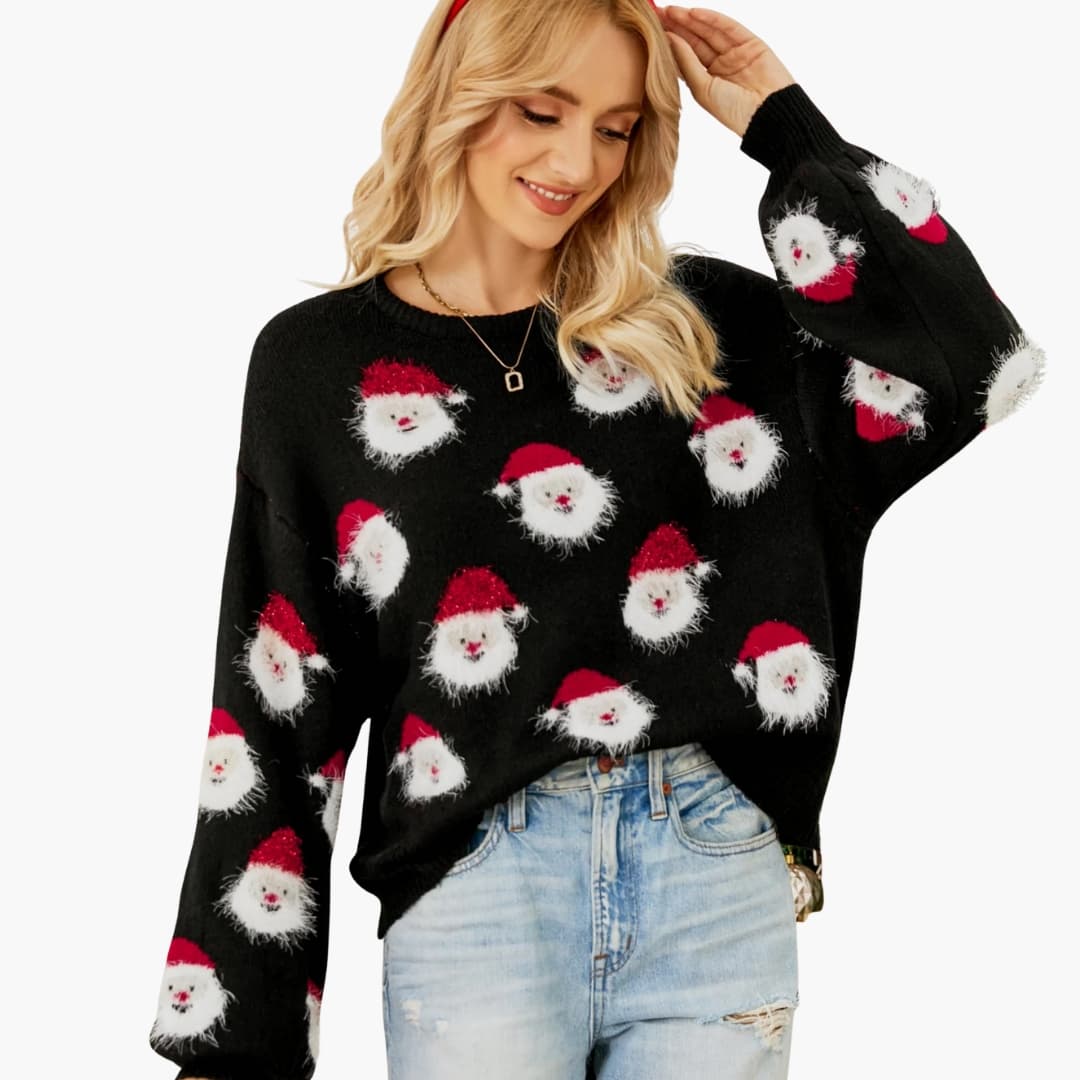 Damen Weihnachtspullover mit gestricktem Weihnachtsmannmotiv