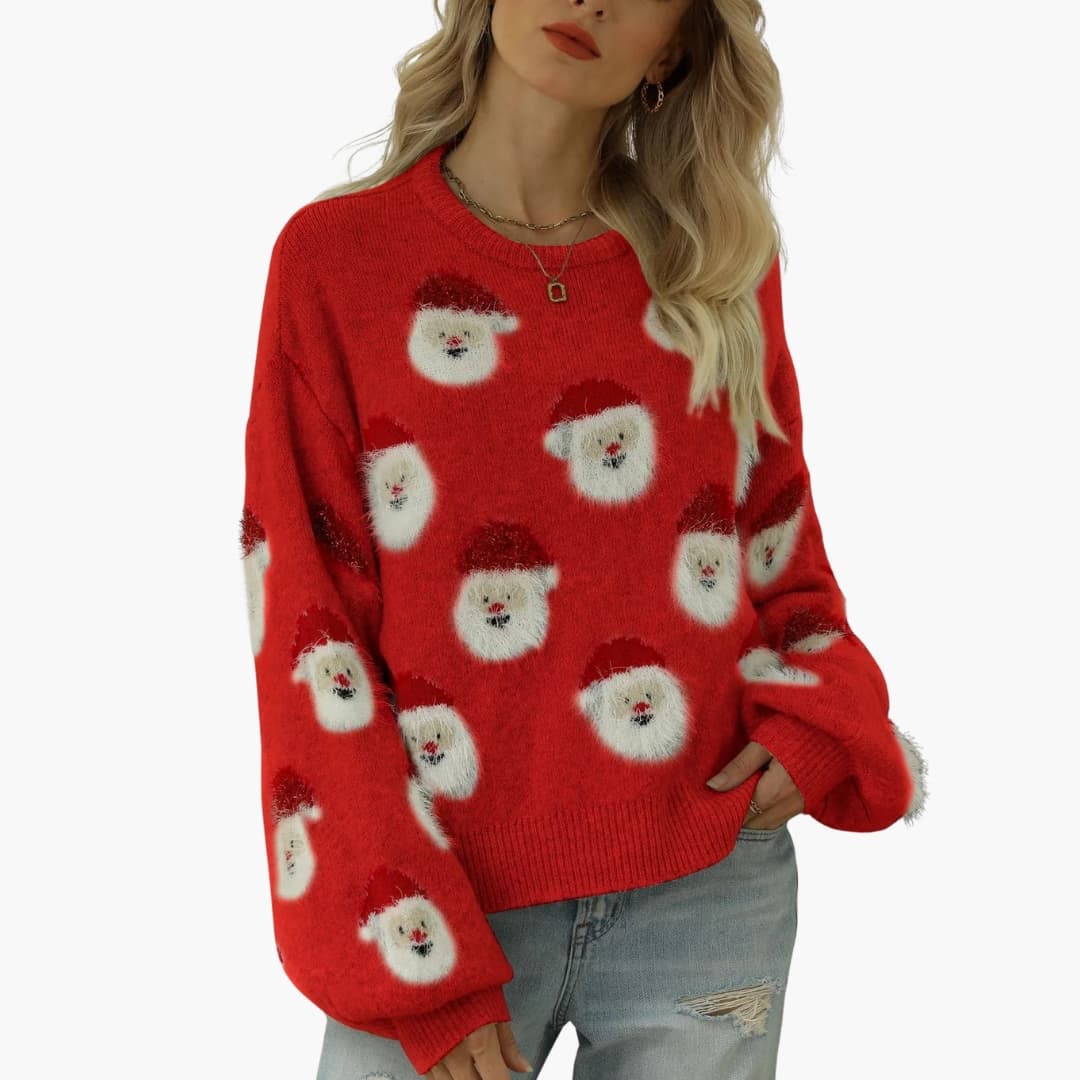 Damen Weihnachtspullover mit gestricktem Weihnachtsmannmotiv