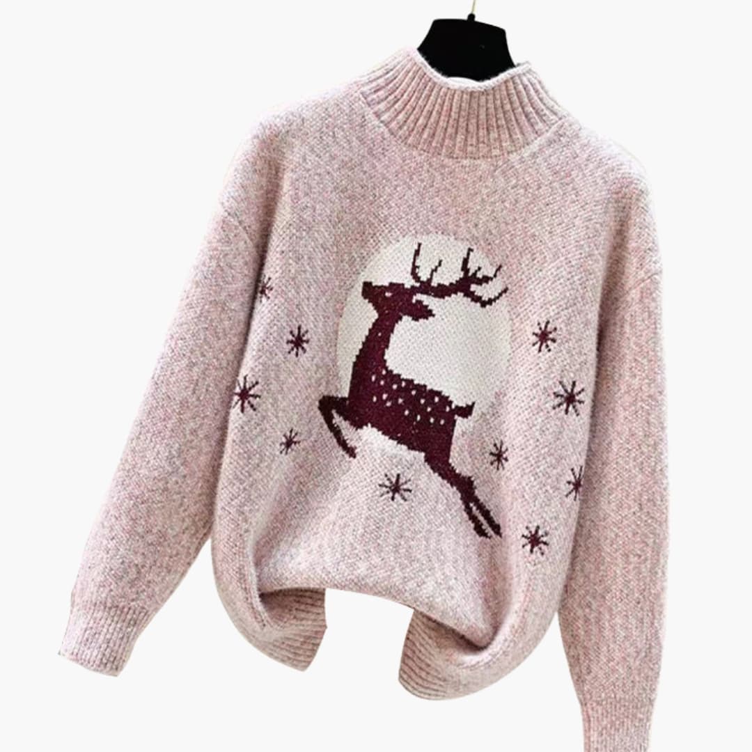 Damen Weihnachtspullover mit hohem Kragen und Rentiermotiv