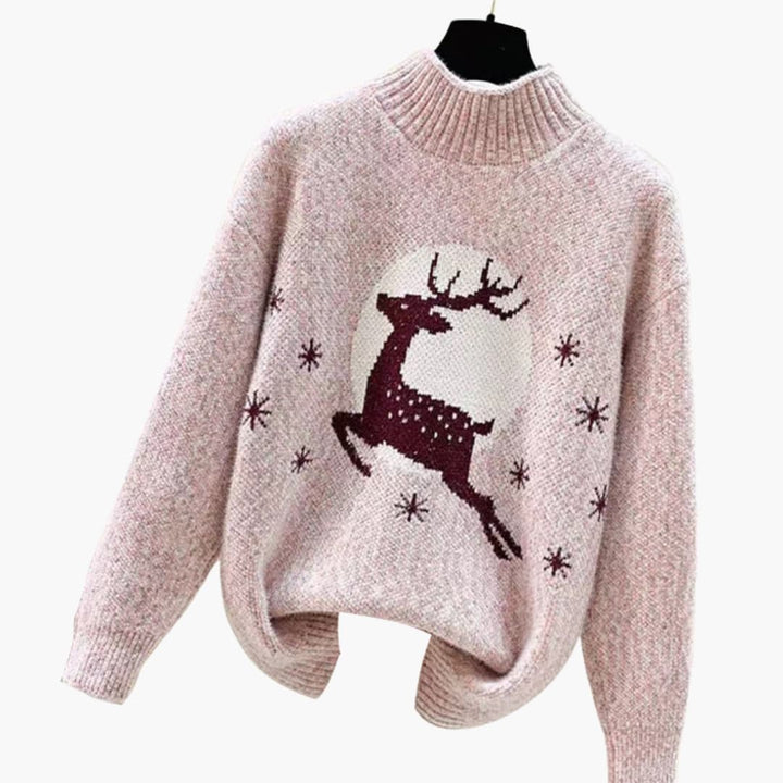 Damen Weihnachtspullover mit hohem Kragen und Rentiermotiv