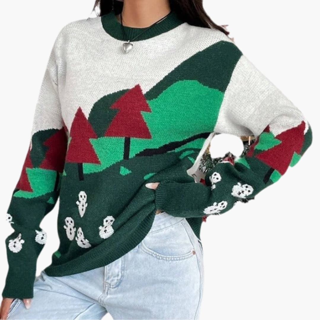 Damen Weihnachtspullover mit hohem Kragen und Schneemotiv