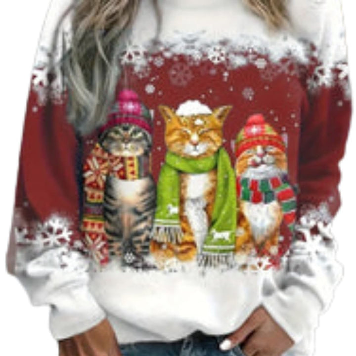 Damen Weihnachtsstrickjacke mit Katzenmuster und Knopfleiste