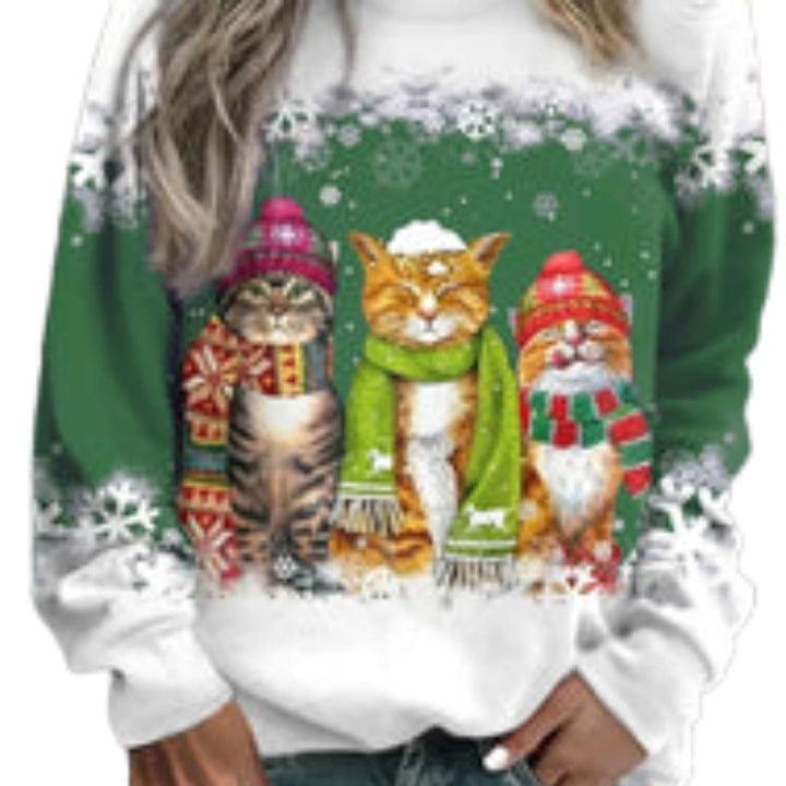 Damen Weihnachtsstrickjacke mit Katzenmuster und Knopfleiste