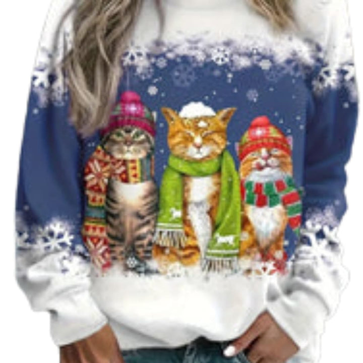 Damen Weihnachtsstrickjacke mit Katzenmuster und Knopfleiste