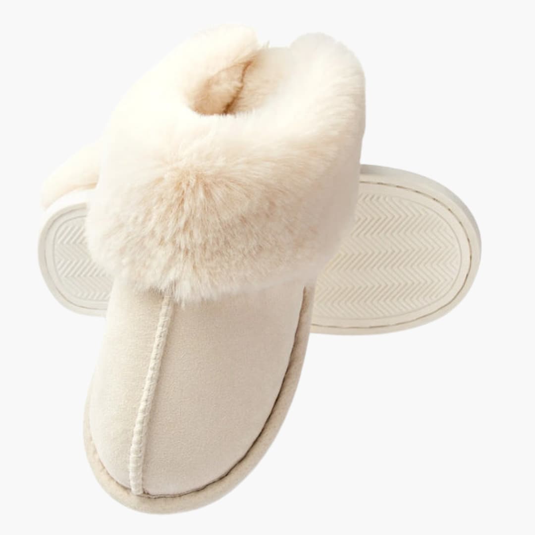 Damen Hausschuhe mit Plüschfutter und umgeschlagenem Kragen