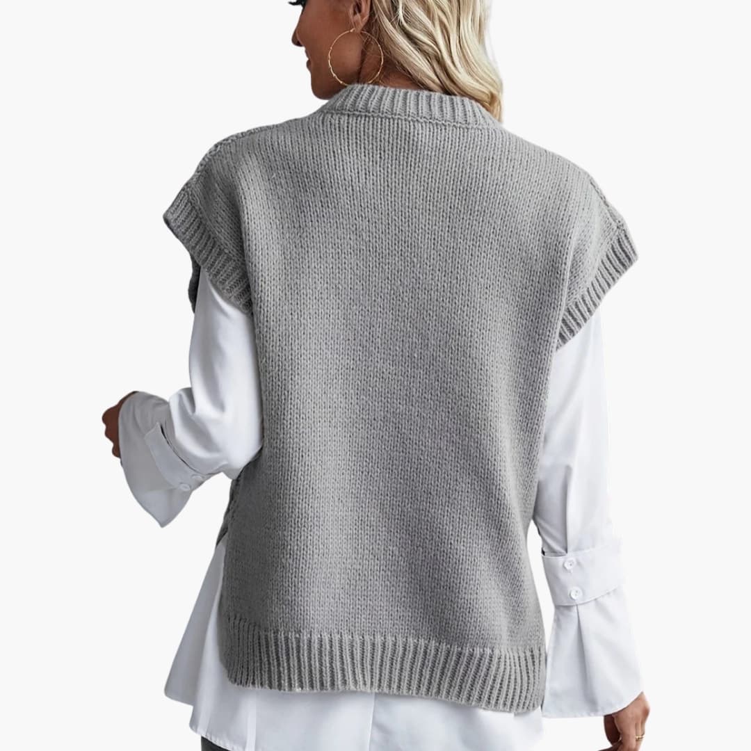 Damen ärmelloser Strickpullover mit Rundhalsausschnitt und Rippstrick Saum