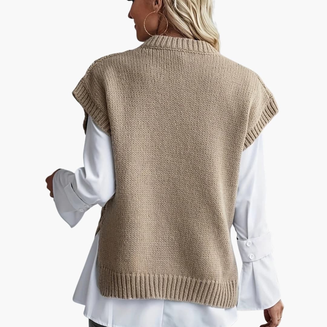 Damen ärmelloser Strickpullover mit Rundhalsausschnitt und Rippstrick Saum