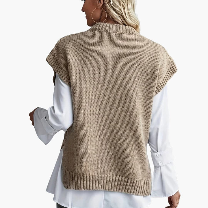 Damen ärmelloser Strickpullover mit Rundhalsausschnitt und Rippstrick Saum