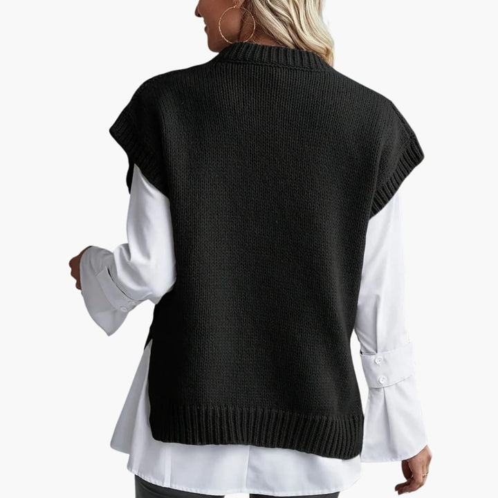 Damen ärmelloser Strickpullover mit Rundhalsausschnitt und Rippstrick Saum