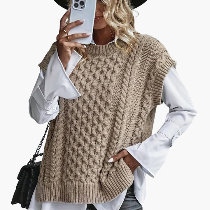 Damen ärmelloser Strickpullover mit Rundhalsausschnitt und Rippstrick Saum