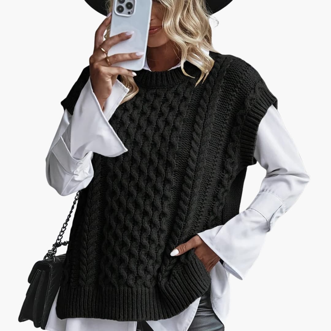 Damen ärmelloser Strickpullover mit Rundhalsausschnitt und Rippstrick Saum