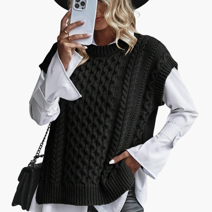 Damen ärmelloser Strickpullover mit Rundhalsausschnitt und Rippstrick Saum