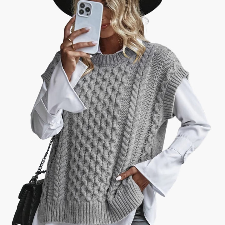 Damen ärmelloser Strickpullover mit Rundhalsausschnitt und Rippstrick Saum