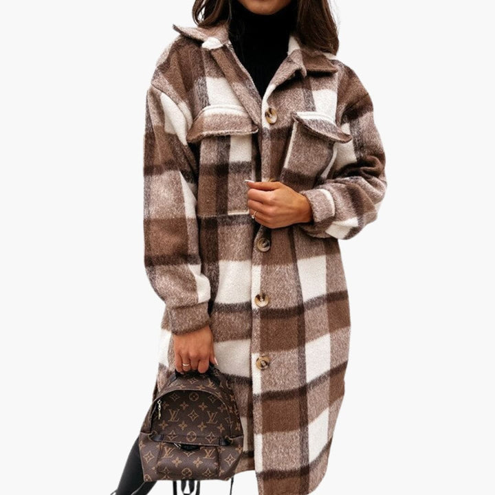 Damen langer Karomantel mit Knopfverschluss und Reverskragen