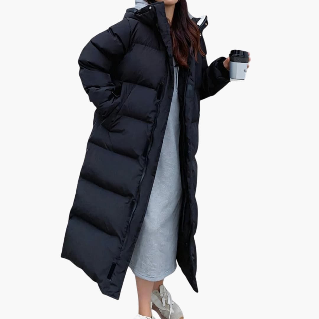 Damenparka lang mit Kapuze und Reißverschluss