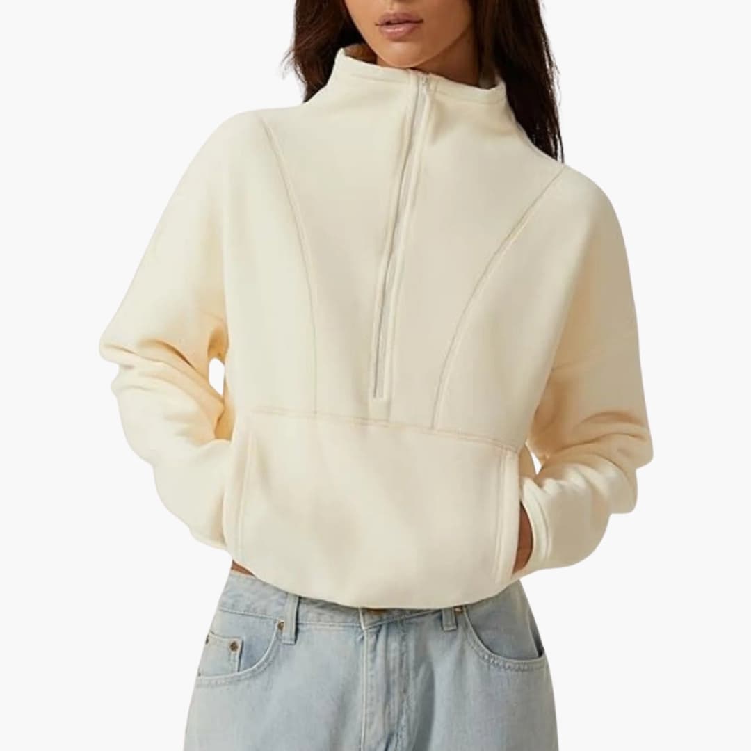 Damenpullover mit Halbreißverschluss und Fronttasche