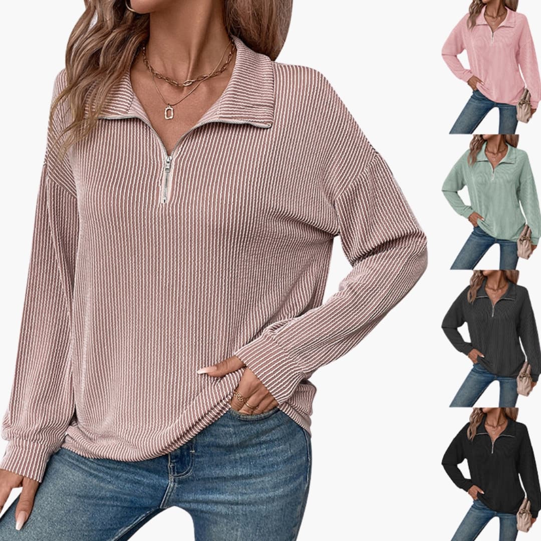 Damenpullover mit Streifenmuster und halbem Reißverschluss