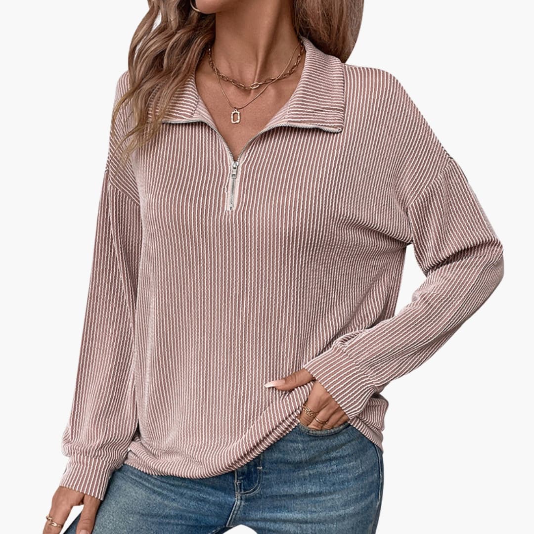 Damenpullover mit Streifenmuster und halbem Reißverschluss