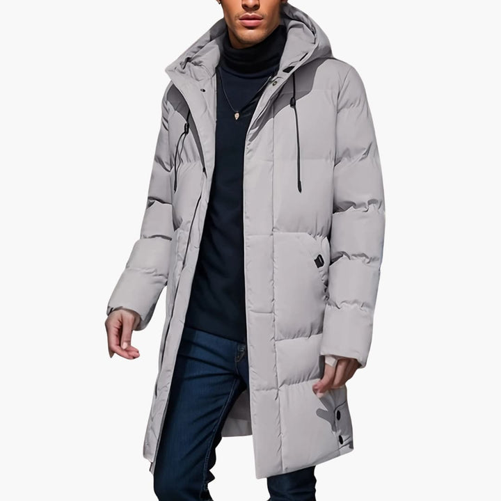 Herren-Winterjacke mit langem Saum und verstellbarer Kapuze