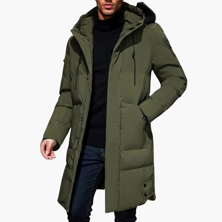 Herren-Winterjacke mit langem Saum und verstellbarer Kapuze