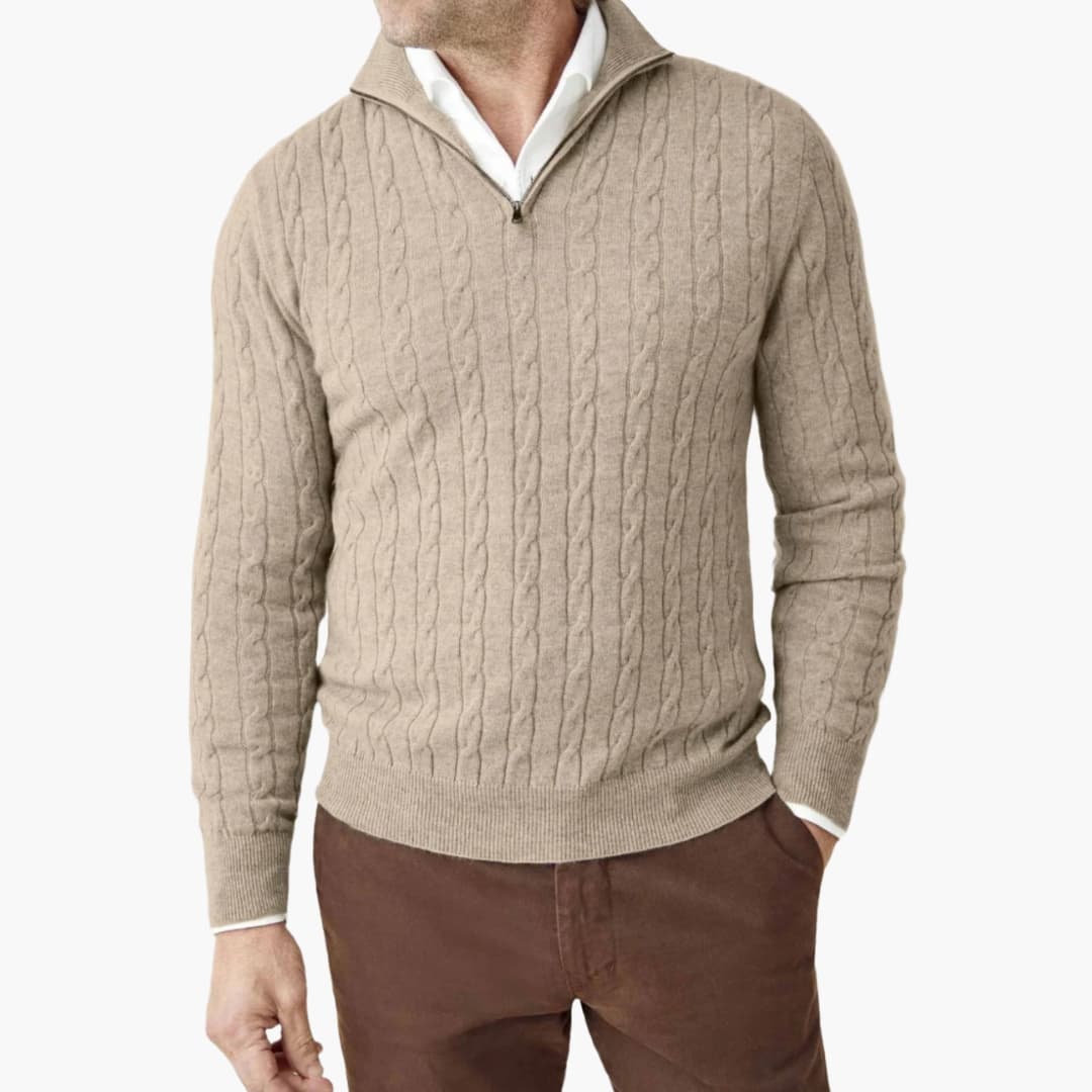 Herren Strickpullover mit Halbzip und Zopfmuster