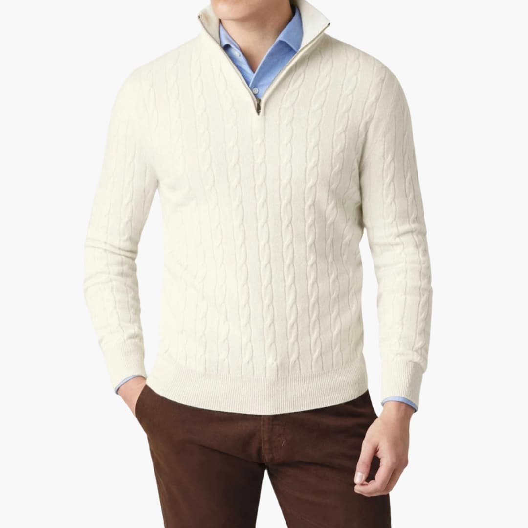 Herren Strickpullover mit Halbzip und Zopfmuster