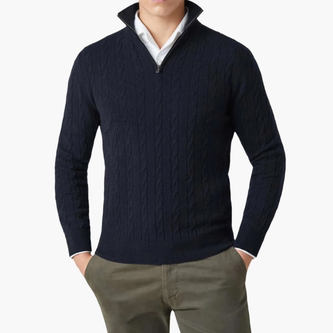 Herren Strickpullover mit Halbzip und Zopfmuster