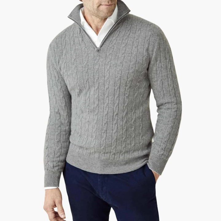 Herren Strickpullover mit Halbzip und Zopfmuster
