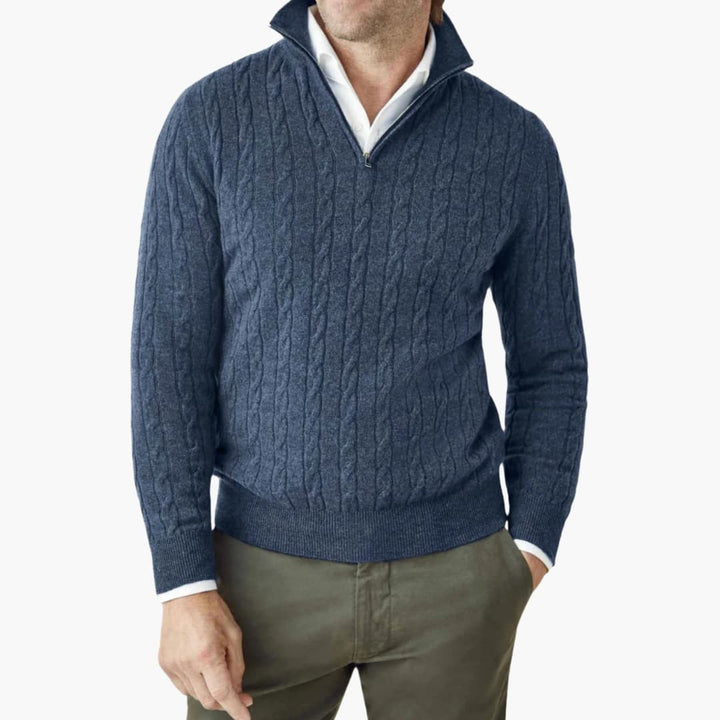 Herren Strickpullover mit Halbzip und Zopfmuster