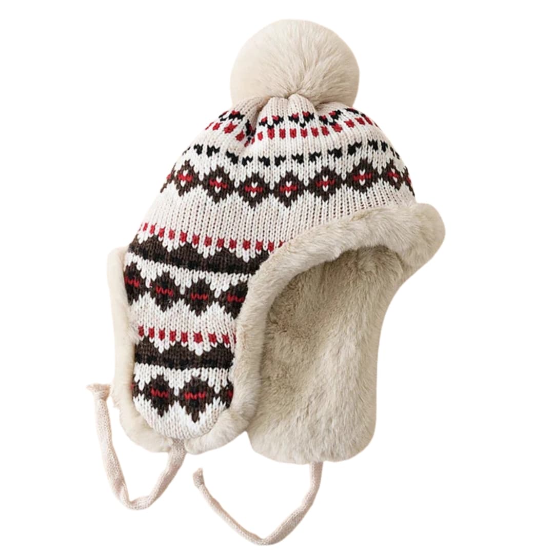 Unisex Strickmütze mit Ohrenklappen und Kunstfell Bommel