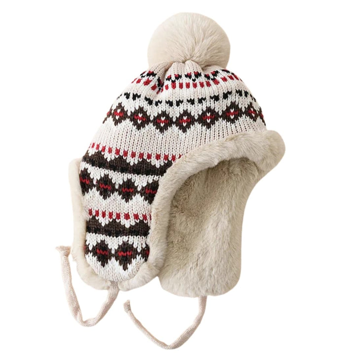 Unisex Strickmütze mit Ohrenklappen und Kunstfell Bommel