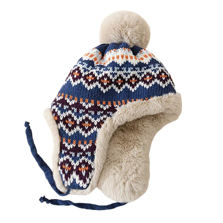 Unisex Strickmütze mit Ohrenklappen und Kunstfell Bommel