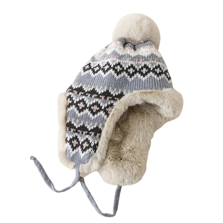 Unisex Strickmütze mit Ohrenklappen und Kunstfell Bommel